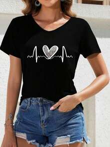 Selamara Camiseta de manga corta con cuello en V y estampado de leopardo con corazón, de estilo casual para el veranoPure-Cotton - Negro - Ver 5
