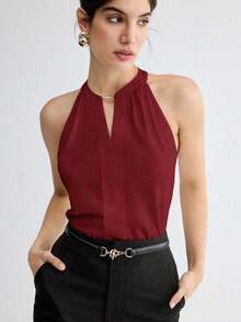 Camiseta de tirantes elegante con cuello de ojo de cerradura de unicolor, versátil para ir al trabajo, uso diario, retro romántico de los 90, adecuada para Navidad, Año Nuevo, San Valentín, fiesta, playa, graduación, moda, carnaval, vacaciones, in - Burdeos - Ver 1