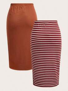 2 piezas Conjunto de falda casual de mujer a rayas y de unicolor, Conjunto a juego, Falda, Faldas para mujer, Falda a rayas, Casual - Café integral - Ver 2