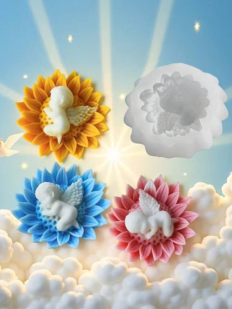 1pc Floral Angel Silicone Mold, DIY Fragrance Sleeping Angel Plaster Resin Candle Silicone Mold - A-White - View 1