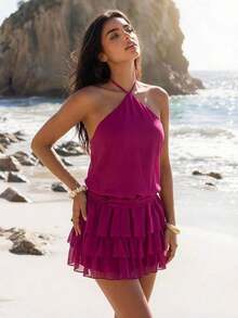 ROMWE Vestido mini con cuello halter, espalda descubierta y bajo con múltiples volantes - Amarillo - Ver 8