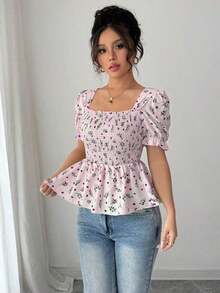 Blusa elegante de mujer con estampado floral diminuto y ajuste ceñido - Rosa - Ver 6