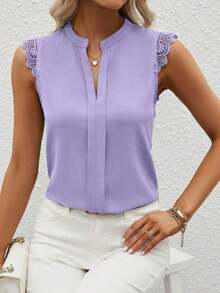 Clasi Camisa de mujer sin mangas de unicolor con cuello en V elegante y parche de encaje, verano - Púrpura malva - Ver 7