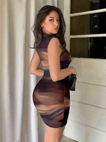 Vestido ajustado con fruncidos de estilo minimalista y sin mangas de unicolor para mujer - Marrón - Ver 2