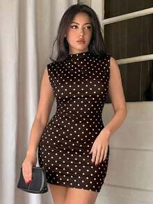 Vestido ajustado con fruncidos de estilo minimalista y sin mangas de unicolor para mujer - Marrón 3 - Ver 4