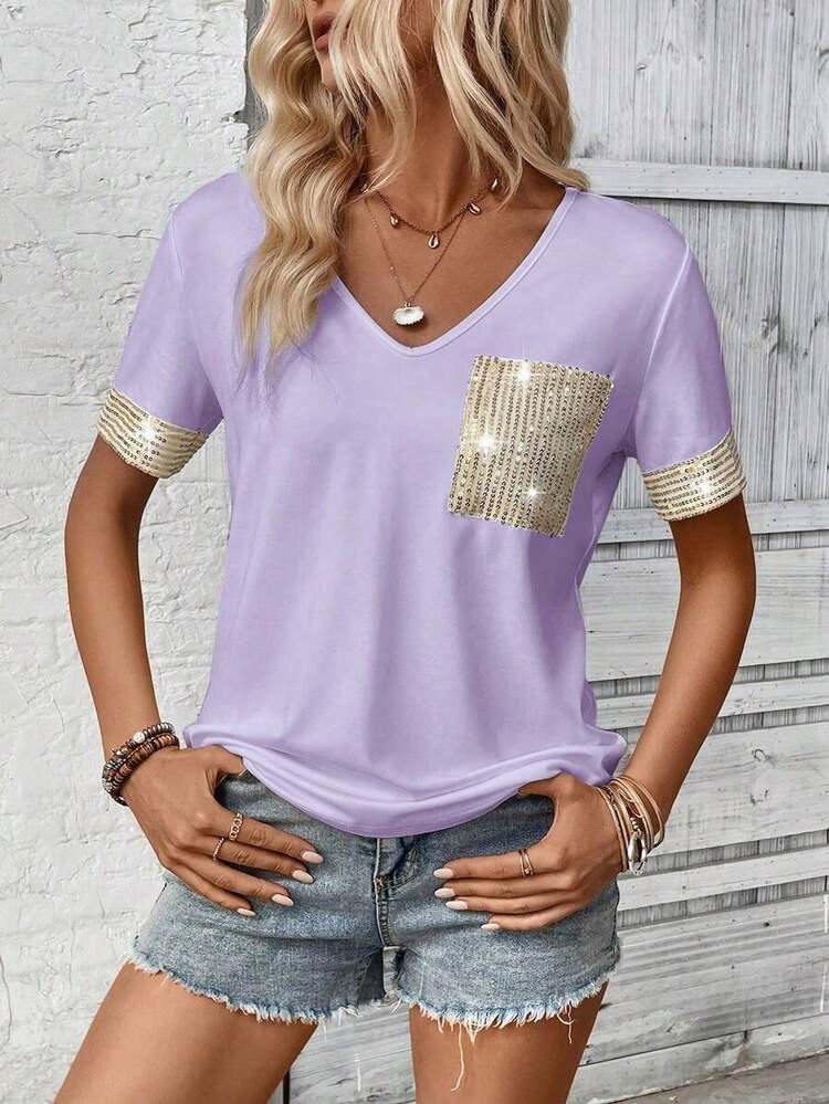 LUNE Camiseta de mujer casual de manga corta con cuello en V, parches y lentejuelas - Púrpura malva - Añade 4