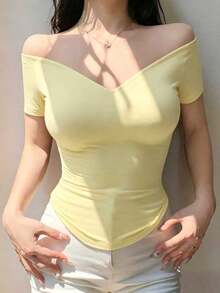 Camiseta de mujer de manga corta, ajustada y de unicolor con hombros descubiertos, top de verano navideño - Amarillo - Ver 2