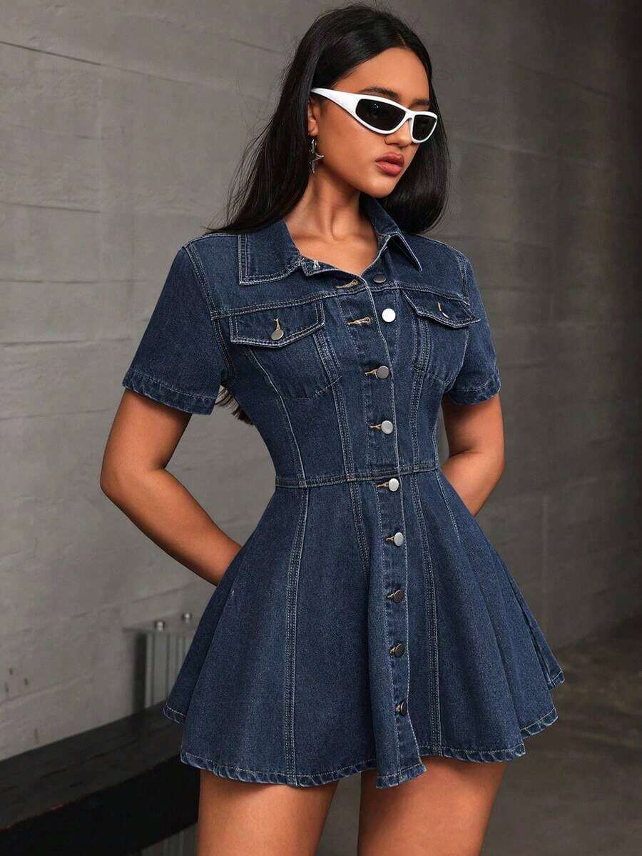 Vestido corto de mezclilla casual con botones para mujer, manga corta y cierre frontal con botones - Azul marino - Ver 1