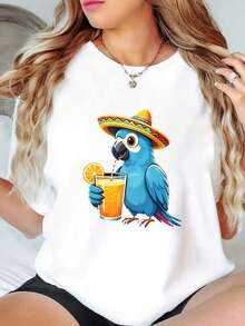 Women's Printed T-Shirt With A Blue Parrot Wearing A Mexican Hat And Holding An Orange Juice, White Crew Neck Shirt, Short Sleeves, Suitable For All Seasons, Machine Washable, Ideal For Mixing And Matching On The Street, Everyday Wear, Casual Gatherings - 白色 - 查看 1