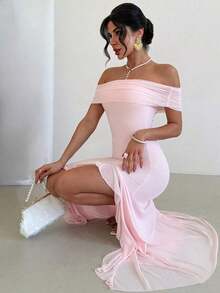 Vestido ajustado con volantes y hombros descubiertos de unicolor elegante para mujer, vestido de mujer en degradado de color rosa - Rosa - Ver 10