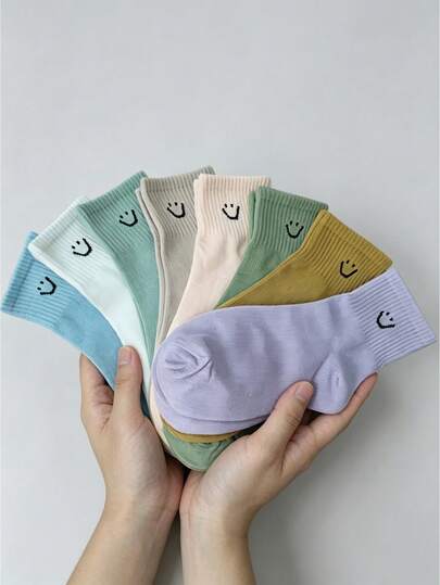 5/8 Pairs Fresh Smiling Face Socks, Low-Saturation Minimalist Pastel Cotton Socks, Unisex, Suitable For All Seasons / Campus / Casual Daily Wear