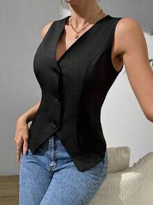 Chaleco informal sin mangas con abertura lateral para mujer - Negro - Ver 1