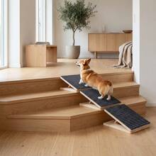 Adjustable Solid Wood Dog Stair Ramp Wedge For Small And Senior Dogs, Foldable Indoor Pet Ramp With Height Triangle Support And Non-Slip Carpet, No Assembly Required - Multicolor - View 2