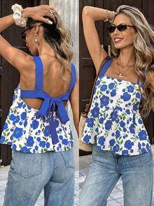 PariChic Parte superior sin tirantes con estampado floral rojo para damas, primavera y verano, con diseño de espalda abierta con lazo, hecha de tela con fondo blanco y estampado floral, con tirantes anchos rojos y diseño de falda con cintura fruncida, estilo fresco adecuado para citas de primavera y verano, escenas de vestimenta casual.Las características del producto incluyen: Parte superior sin tirantes con estampado floral para damas, parte superior corta con decoración de cinturón rojo, parte superior con falda fruncida en la cintura, parte superior fresca de primavera y verano, parte superior versátil casual. - Azul - Ver 6