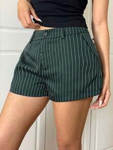 Short de mujer de cintura baja con rayas tejidas - Verde Oscuro - Ver 3