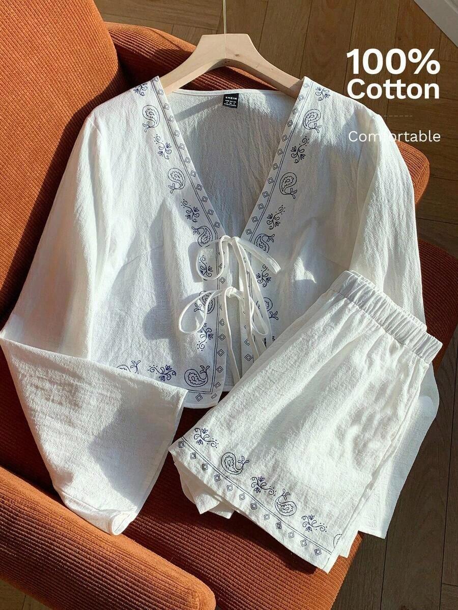 Conjunto de blusa con amarre al frente y shorts con estampado de anacardo para mujer, en estilo bohemio - Blanco 3 - Ver 1