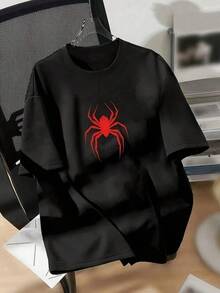 1 Piece Unisex Loose Fit T-Shirt 180g 100% Pure Cotton, Unique And Modern T-Shirt With A Red Spider Design In The Style Of Y2k To Stand Out On Any Occasion, Perfect For Lovers Of Fashion And Contemporary Design, Ideal To Combine With Your Favorite Outfits And Express Your Unique Personality. - 黑色 - 查看 1