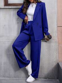 Conjunto de traje informal de mujer con solapa, manga larga y holgado - azul real - Ver 3