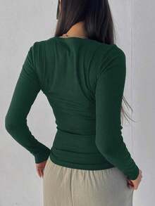 Camiseta de mujer de ajuste ceñido con cuello en U, ropa de otoño con mangas largas para mujer - Verde Oscuro - Ver 5