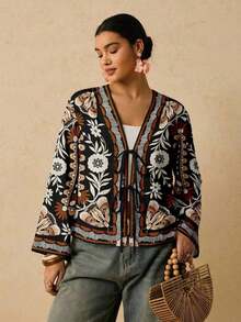 Camisa casual versátil de uso diario con estampado floral y nudo delantero para mujer de talla grande - Multicolor - Ver 1