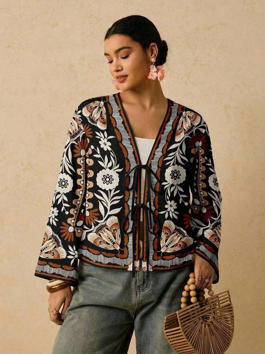 Camisa casual versátil de uso diario con estampado floral y nudo delantero para mujer de talla grande - Multicolor - Ver 1
