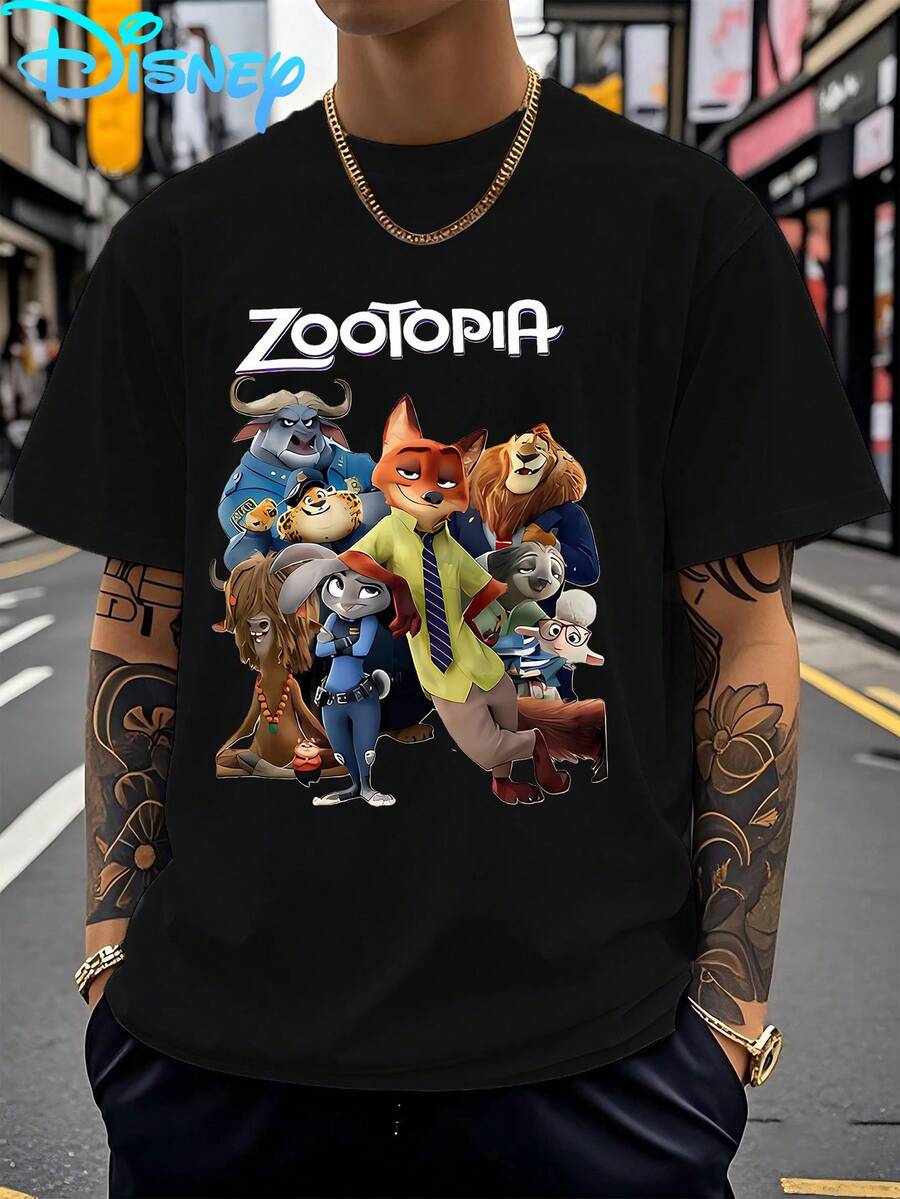 Disney Has Authorized 1 Men'S T-Shirt, Disney'S Zootopia 2 Full-Member Pattern Men'S Short-Sleeved T-Shirt, Round Neck Casual And Comfortable T-Shirt, Breathable And Lightweight, Suitable For Sports And Leisure Wear, Loose T-Shirt - màu đen - Xem 1