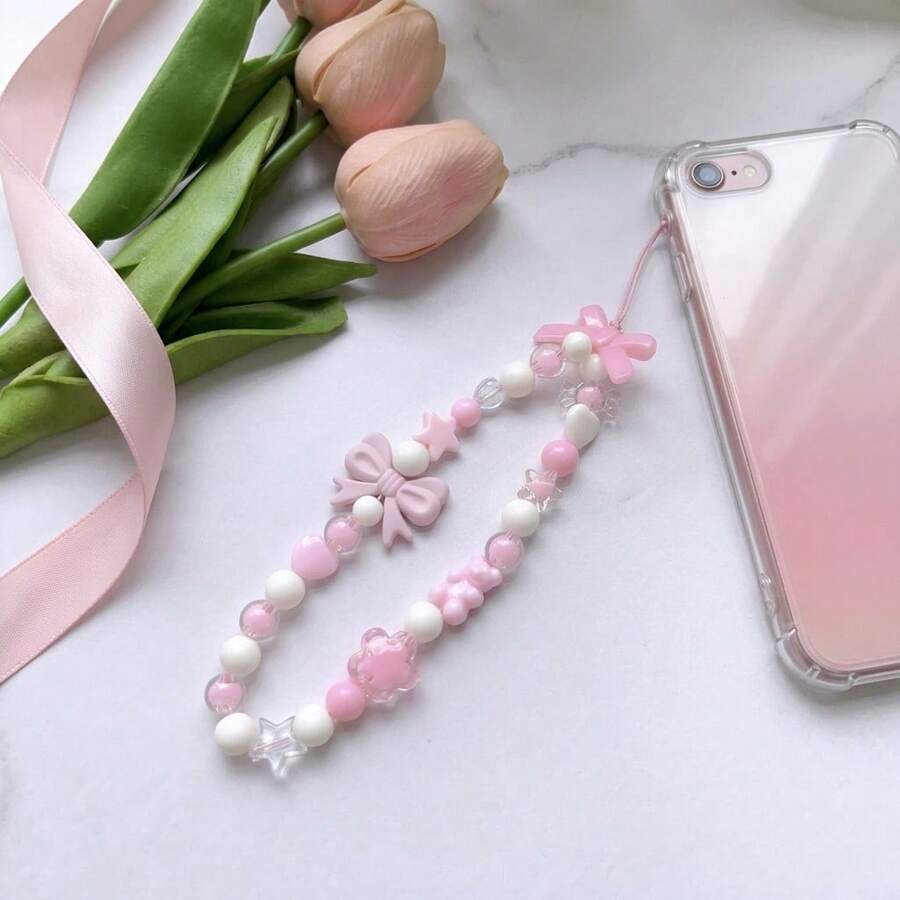 Cordón para teléfono con dije de mariposa con cuentas rosadas - Rosa - Ver 1