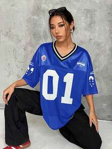 Camiseta casual de manga corta con cuello en V y estampado de letras para mujeres de talla grande - azul real - Ver 6