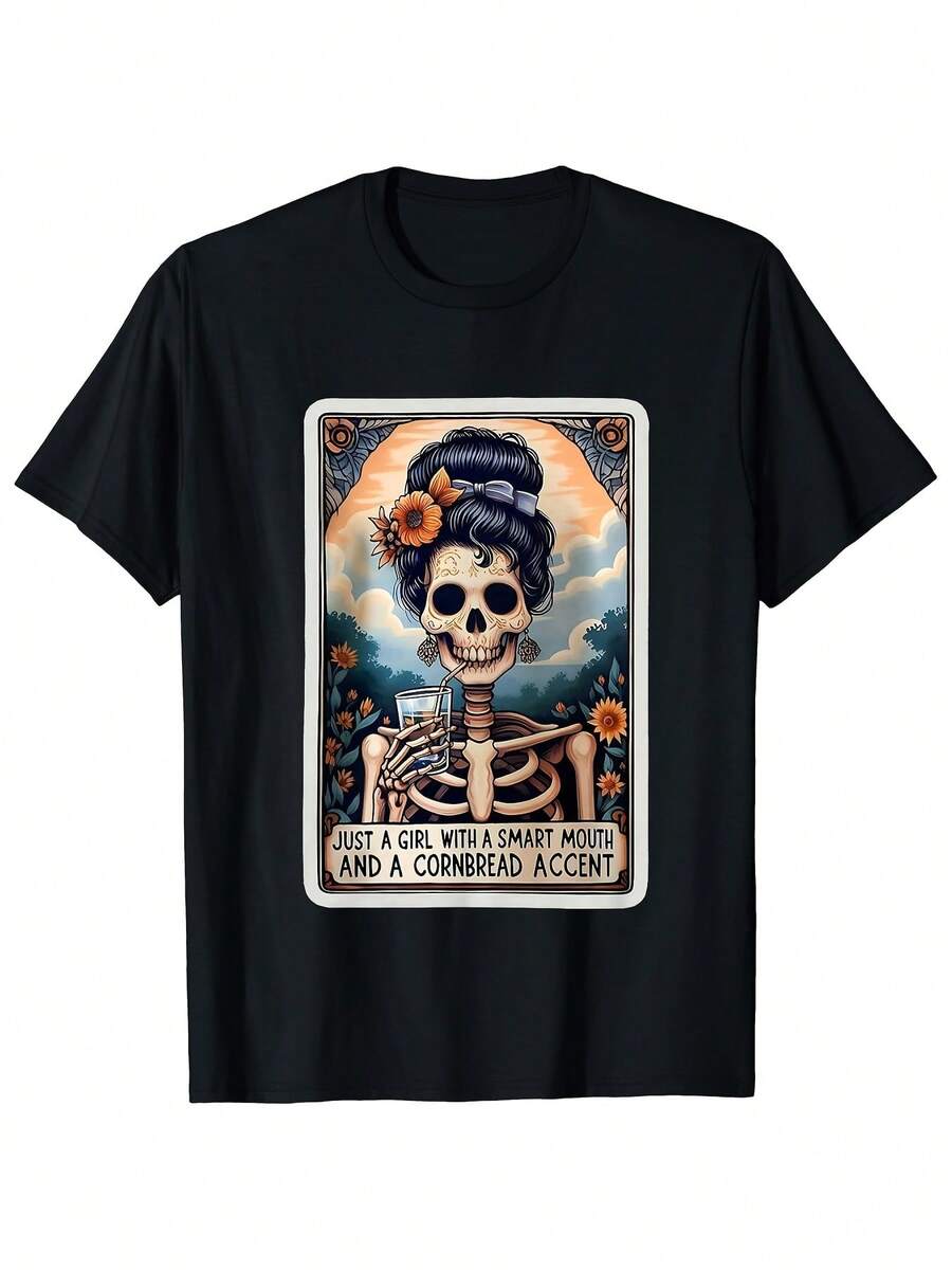 Men's Retro 70s Black T-Shirt With Skull And Wildflower Print, Funny Sayings, Comfortable And Regular Fit, Short Sleeves, Round Neck, Perfect For Casual Outings, Parties, Beach Activities And Sports. - 黑色 - 查看 1
