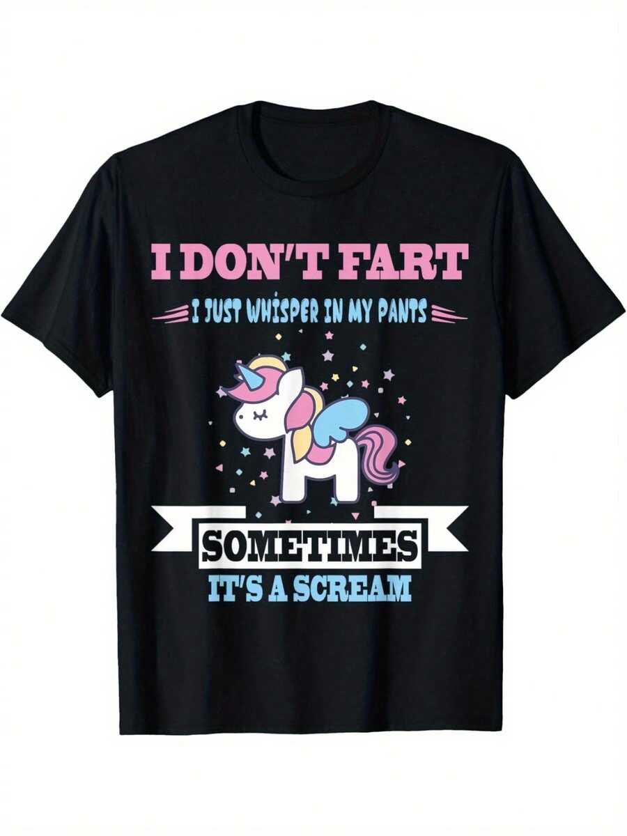 [Fast Delivery] Funny Farting Unicorn T-Shirt: I'm Not Farting, I'm Whispering In The Shirt. For Men And Women, Christmas Gift, Halloween Gift, Thanksgiving Gift, Soft Unisex Fabric, Comfortable Short Sleeve Black T-Shirt, Perfect For Autumn. - 黑色 - 查看 1