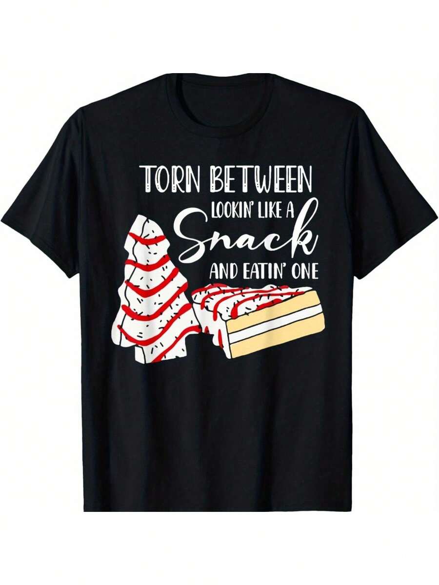 El pastel de árbol de Navidad parece un snack cuando se rompe. Camiseta de verano cómoda y casual de manga corta. - Negro - Ver 1