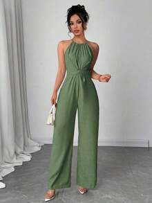 Mono sin mangas de un solo color con diseño cruzado para mujer, atuendo elegante para festivales, fiestas, festivales de música, temporada de graduación, playa, vacaciones y uso diario - Verde militar - Ver 3