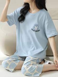 AICJ 女青年女孩休閒簡約可愛卡通兔子字母印花圓領短袖[T恤]上衣、3/4長短褲睡褲，春夏季居家派對度假穿搭睡衣家居服套裝2件組 - 淺藍色 - 查看 3