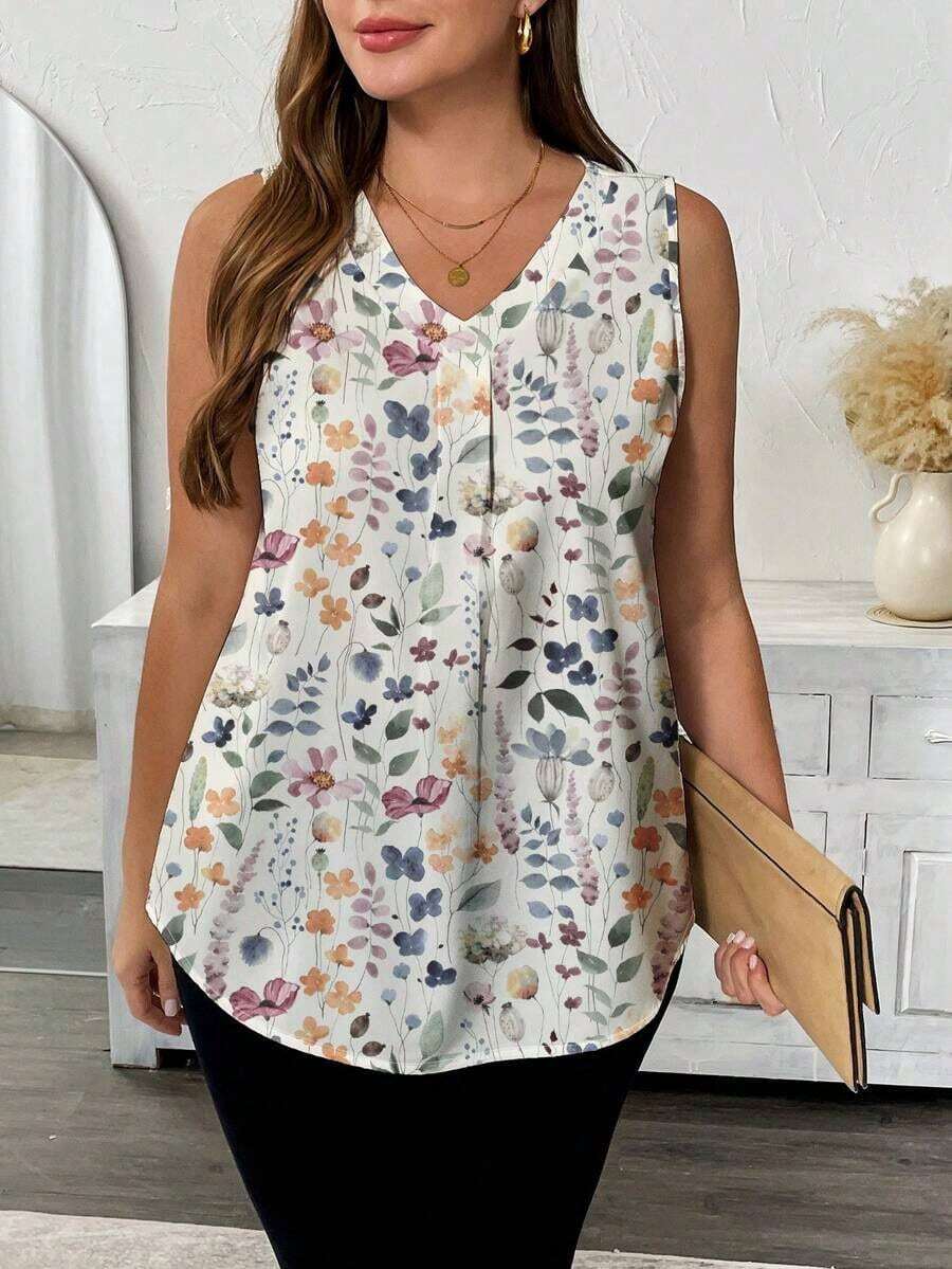 Blusa sin mangas con cuello en V y estampado floral para mujer talla grande, Camisa casual con cuello en V y estampado floral para mujer talla grande - Multicolor 3 - Ver 1