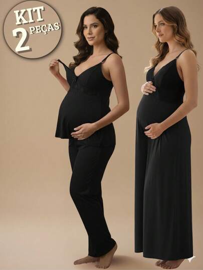 KIT Amamentação LONGO Pijama CALÇA DOLL com Blusa em Click + Camisola Longa com Detalhes em Renda.