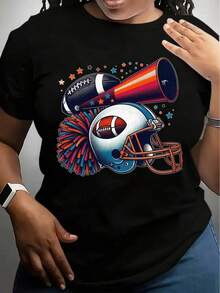 Women's Casual T-Shirt, White, With American Football Helmet Print, Cheerleader Pom-Pom, Megaphone And Football - Perfect For Sports Fans And Sporting Events. 100% Cotton, Durable. - 黑色 - 查看 1
