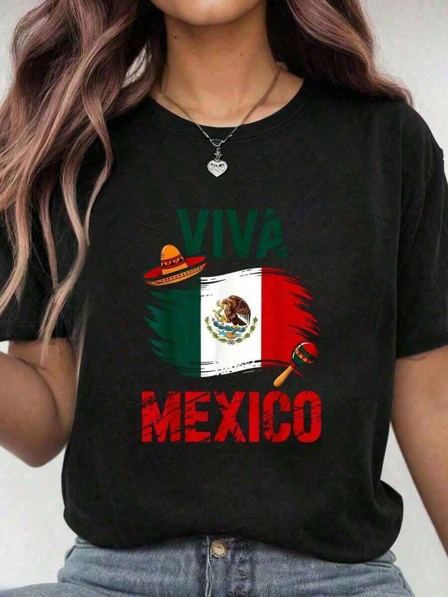 Cool Casual T-Shirt For Cinco De Mayo, Viva Mexico, Mexican Independence Day, Women's T-Shirt With Flag, Short Sleeve, Round Neck, Cotton, For Summer Fashion. - 黑色 2 - 查看 1