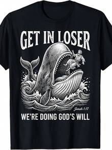 Camiseta cristiana divertida "Suban al coche, perdedores, estamos cumpliendo la voluntad de Dios" con diseño vintage de cuello redondo y versículo bíblico – ropa humorística adecuada para la iglesia, uso diario y como regalo, camiseta de humor religioso lavable a máquina. - Negro - Ver 7