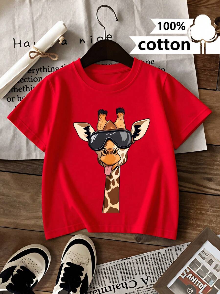 Giraffe T-Shirt With Fashionable Glasses And Sticking Tongue For Men And Women - 100% Breathable, Short Sleeve, Crew Neck, Machine Washable, Regular Fit, Casual Summer Clothing Suitable For Kids, Fun Fashion For Play And Casual Outfits - 紅色 - 查看 1
