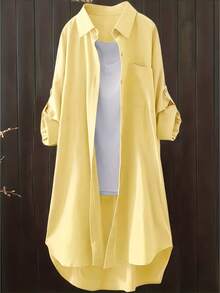 Women's Casual Solid Color Roll-Up Sleeve Shirt, Spring/Autumn - Yellow - View 1