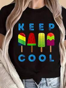 Women's T-Shirt With Ice Pop Print, Short Sleeve, Casual, Summer, With Stretch Polyester And Elastane, Rainbow Lollipop Print, Round Neck, H Cut, Ideal For Beach, Picnic, Casual Wear, Women's Sizes S-3XL, 100% Cotton. - 黑色 - 查看 1