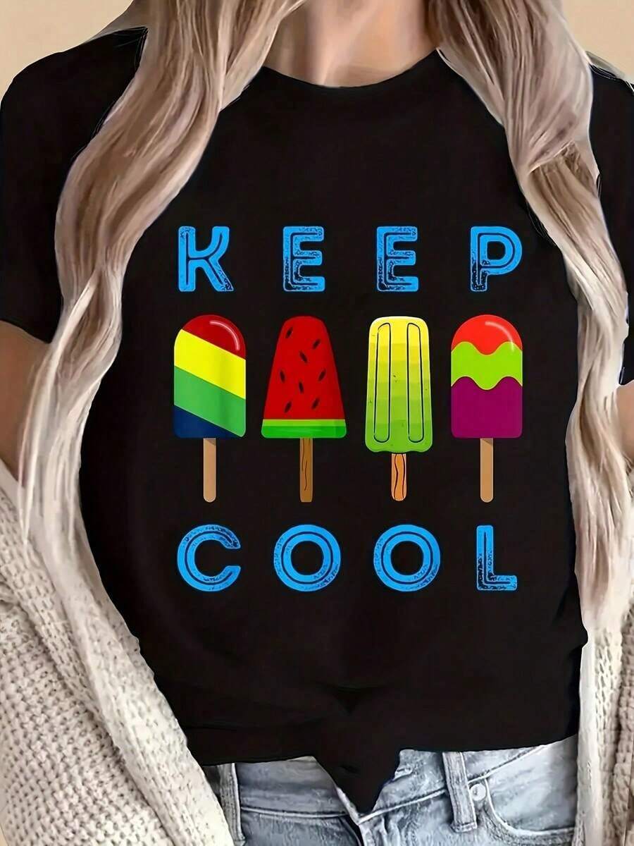 Women's T-Shirt With Ice Pop Print, Short Sleeve, Casual, Summer, With Stretch Polyester And Elastane, Rainbow Lollipop Print, Round Neck, H Cut, Ideal For Beach, Picnic, Casual Wear, Women's Sizes S-3XL, 100% Cotton. - 黑色 - 查看 1