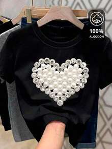 Women's 100% Cotton T-Shirt, Soft And Comfortable, Short Sleeve, Crew Neck With A Simulated Pearl Print And Diamond-Like Heart-Shaped Glitter. Ideal For February Festivities, The Month Of Love And Friendship. Spring/Summer Loose-Fitting T-Shirt. Ideal Gift. Vintage Street Style Unisex Cotton Short Sleeve Crew Neck T-Shirt - 黑色 - 查看 6