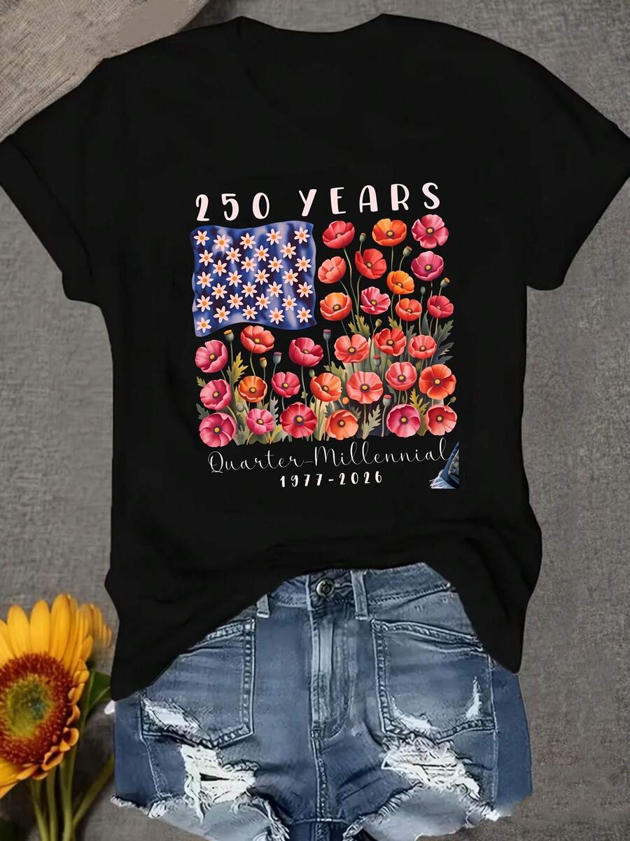 Una camiseta de mujer de manga corta, holgada, moderna, a la moda, retro y elegante, adecuada para actividades al aire libre en primavera y verano, 250 YEARS Quartermillennial 19772026, con estampado de flores de pimiento, estilo casual para uso diario, con cuello redondo, cómoda y suave.blusas para mujer,blusas casuales para dama,tops,, mujer premium,y2k,playeras de mujer curvy,ofertas y liquidaciones ropa mujer,playeras deportivas para mujer,,playeras de hombre, mujer,blusas>elegante VIY7 - Negro - Ver 1