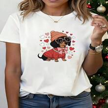 Casual Women's Cotton Short Sleeve Round Neck T-Shirt With Cute Dachshund Puppy Print And Love Hearts - 白色 - 查看 1