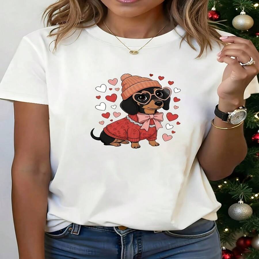 Casual Women's Cotton Short Sleeve Round Neck T-Shirt With Cute Dachshund Puppy Print And Love Hearts - 白色 - 查看 1
