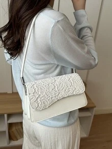 Cartera Hombro Blanca Forma Baguette con Solapa Ondulada, Bolso Casual de Piel Sintética para Mujer, Bolsa Elegante para Salidas Diarias y Ocasiones Especiales Moda Verano - Champán - Ver 5