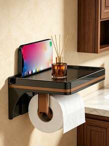 1PC Bathroom Storage Shelf - A Toilet Paper Holder Featuring An Extended Storage Platform. This Sturdy Unit Serves As Both A Mobile Phone Stand And A Storage Shelf, Specifically Designed To Hold Baby Wipes, Bath Essentials, And Various Small Necessities. An Ideal Choice For New Parents, Bathrooms, And Nurseries. - Multicolor - View 5