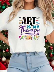 Plus Size T-Shirt, Artistic Brush Palette Print With The Phrase "Art Is My Relaxation", White Short Sleeve Round Neck T-Shirt - Machine Washable, Casual Style, Comfortable Fit, Modern Design, Suitable For Daily Wear, Soft Fabric. - 白色 - 查看 1