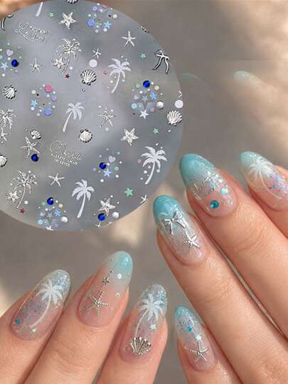1 Sheet 3D Summer Beach Nail Art Stickers, Gold Silver Tropical Palm Tree Shell Starfish Nail Decals Summer Vacation Manicure Decor